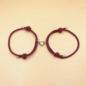 2pcs Couple Bracelet Set with Heart Magnetic Buckle - Red-Polyester